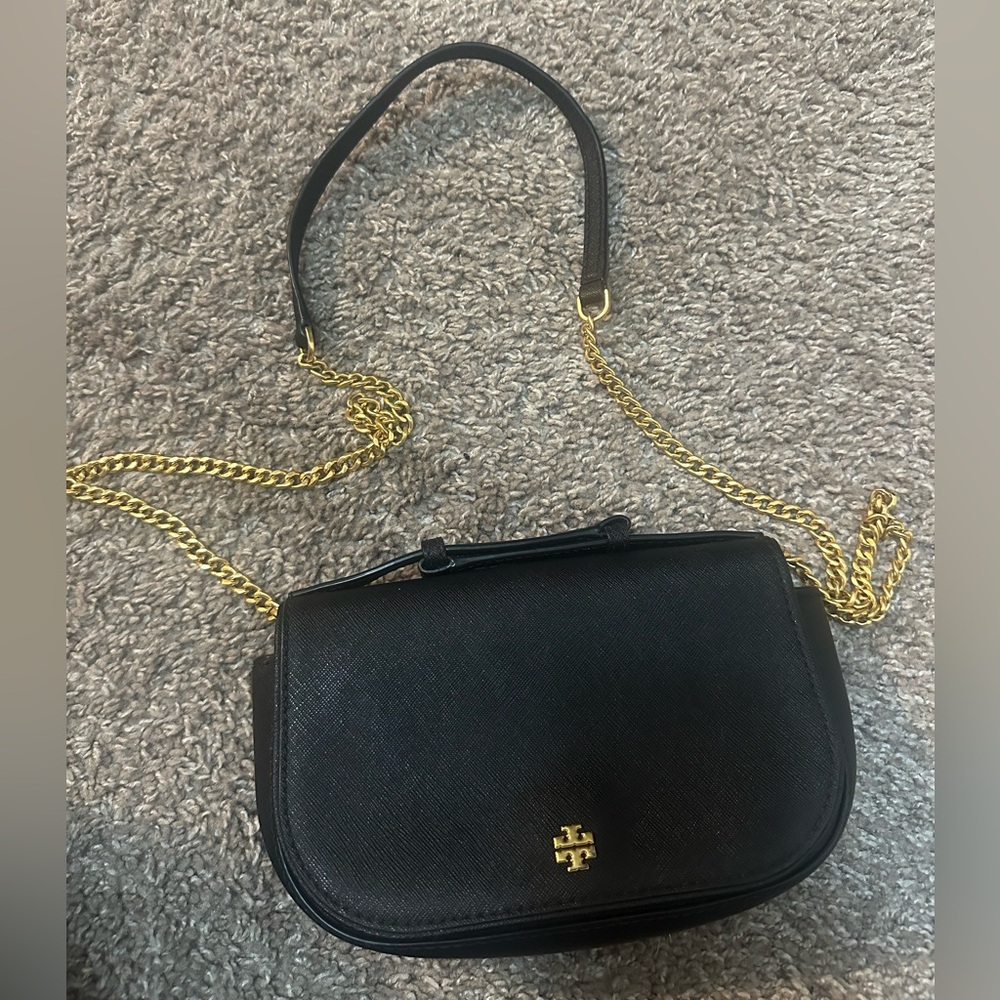 Tory Burch Black and Gold Crossbody Bag with Chain